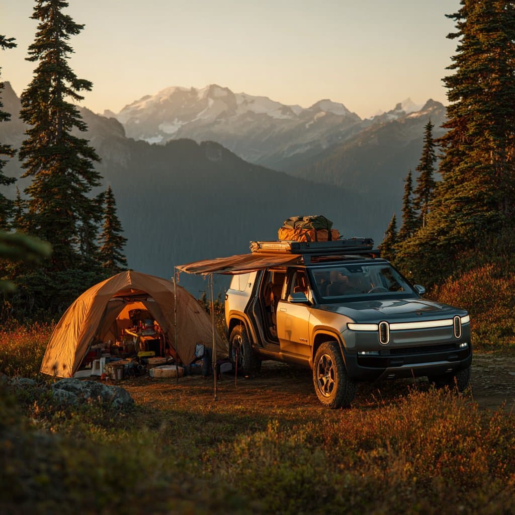 Rivian R2 parked at a scenic campsite