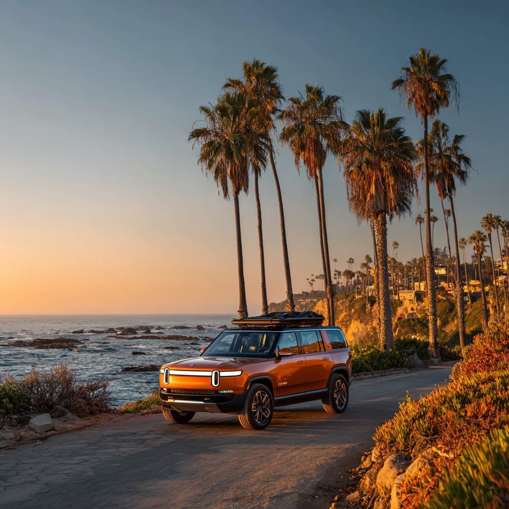 Rivian R2 electric SUV on a coastal road