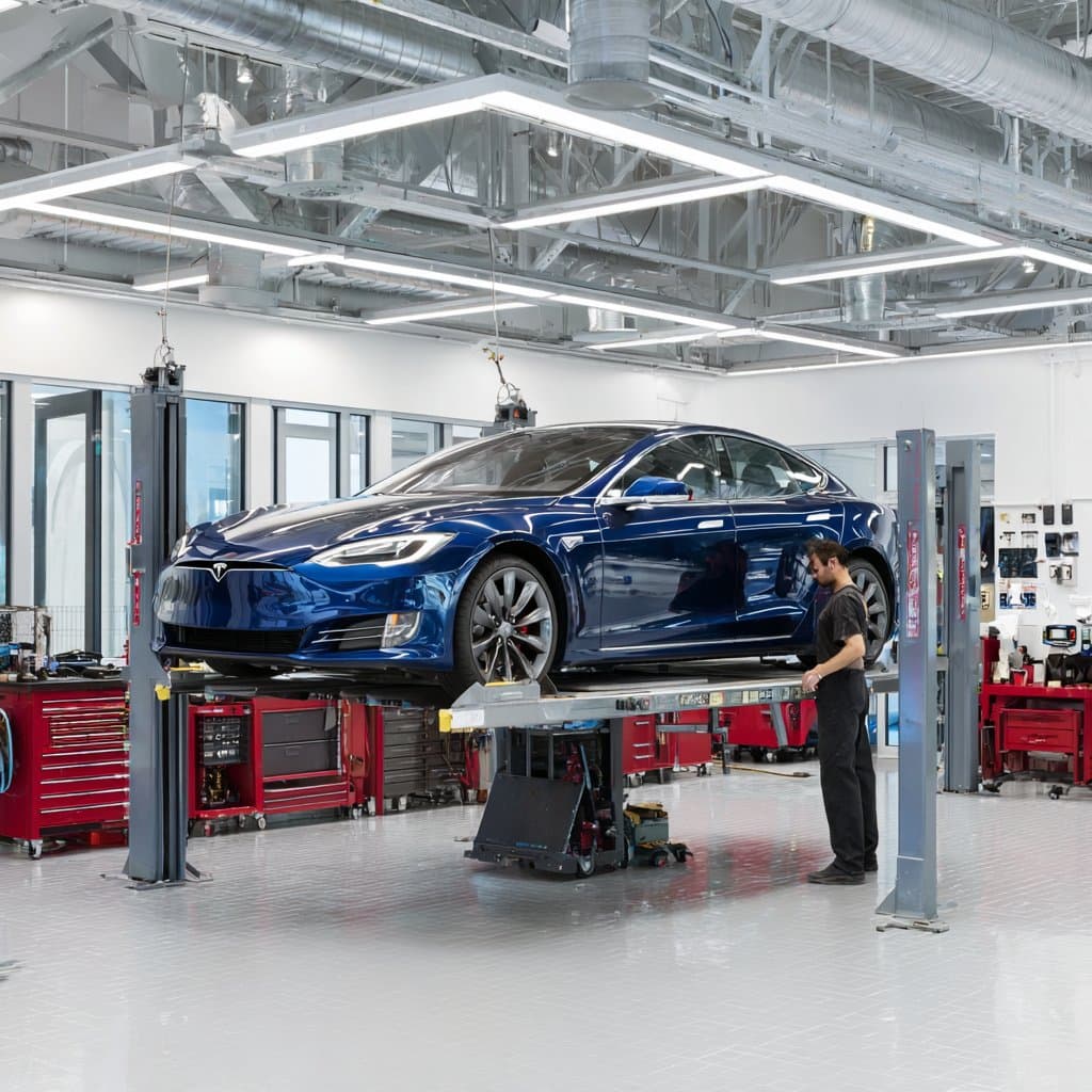 Tesla service center with Model S being serviced