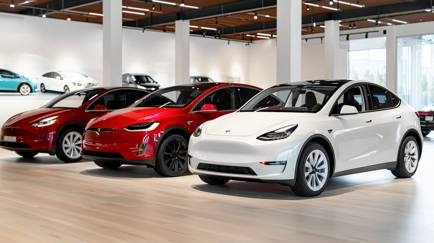 Three EVs in modern showroom comparison