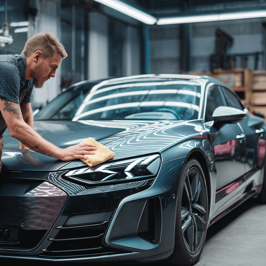 Technician repairing a windshield chip on a modern vehicle