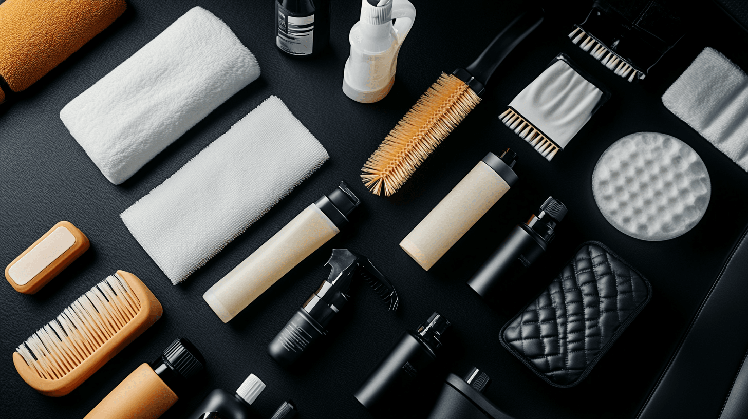 Overhead view of car interior detailing products neatly arranged on a dark surface
