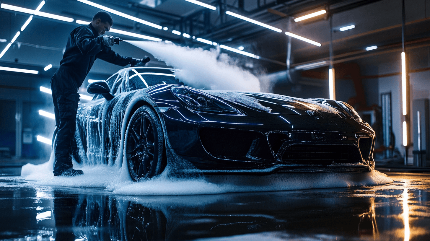 Professional car detailer applying foam to a dark sports car