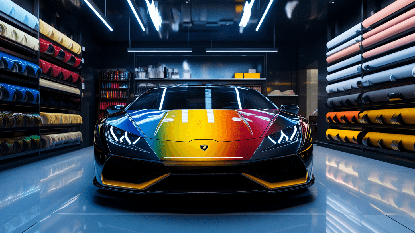Luxury sports car in a professional wrap shop with vinyl color samples on the hood