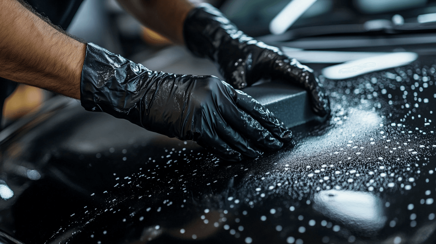 Close-up of hands wearing black nitrile gloves gliding a clay bar across a glossy car surface