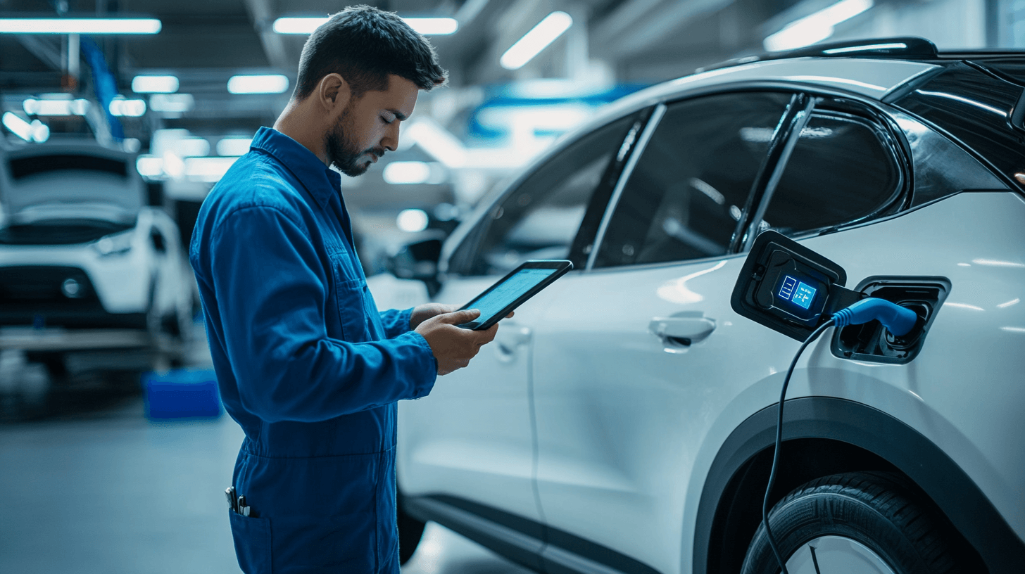 Modern electric vehicle in a clean bright service center with battery diagnostic equipment