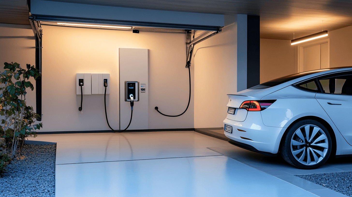 Modern home garage with wall-mounted Level 2 EV charger connected to a white electric vehicle