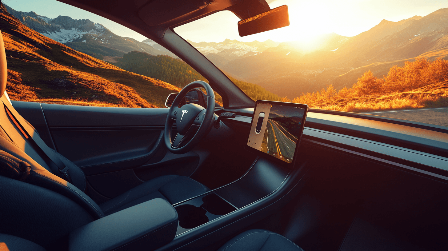 Interior of a modern electric vehicle packed for a road trip with accessories