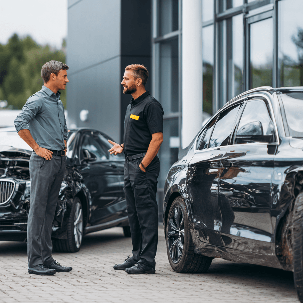 Professional detailer polishing a black luxury car to a mirror finish