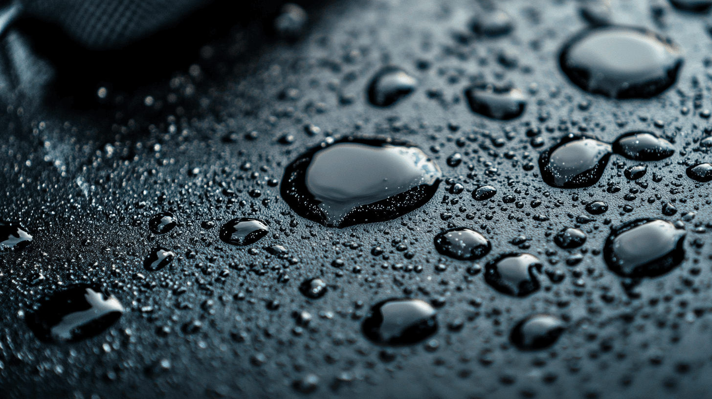 Close-up of dark car hood showing circular water spots with microfiber towel and spray bottle nearby