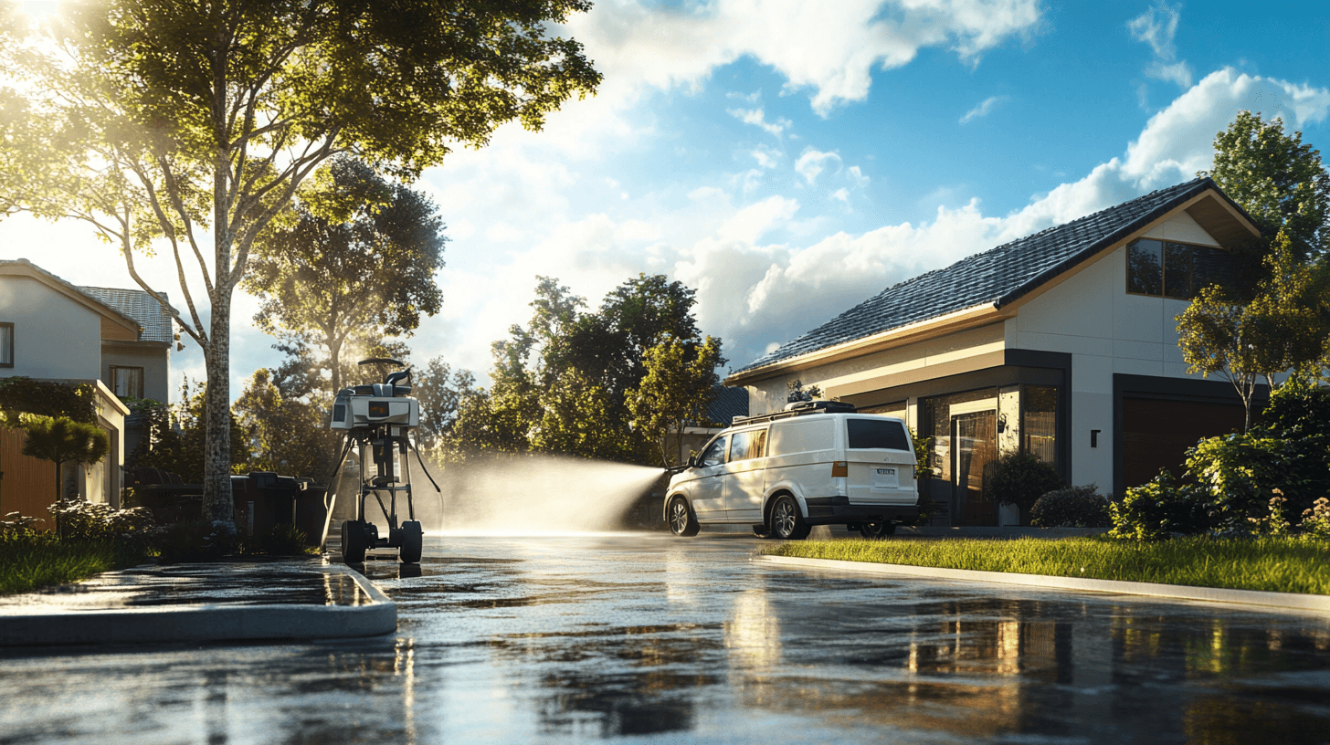 Professional mobile car detailing setup in a residential driveway