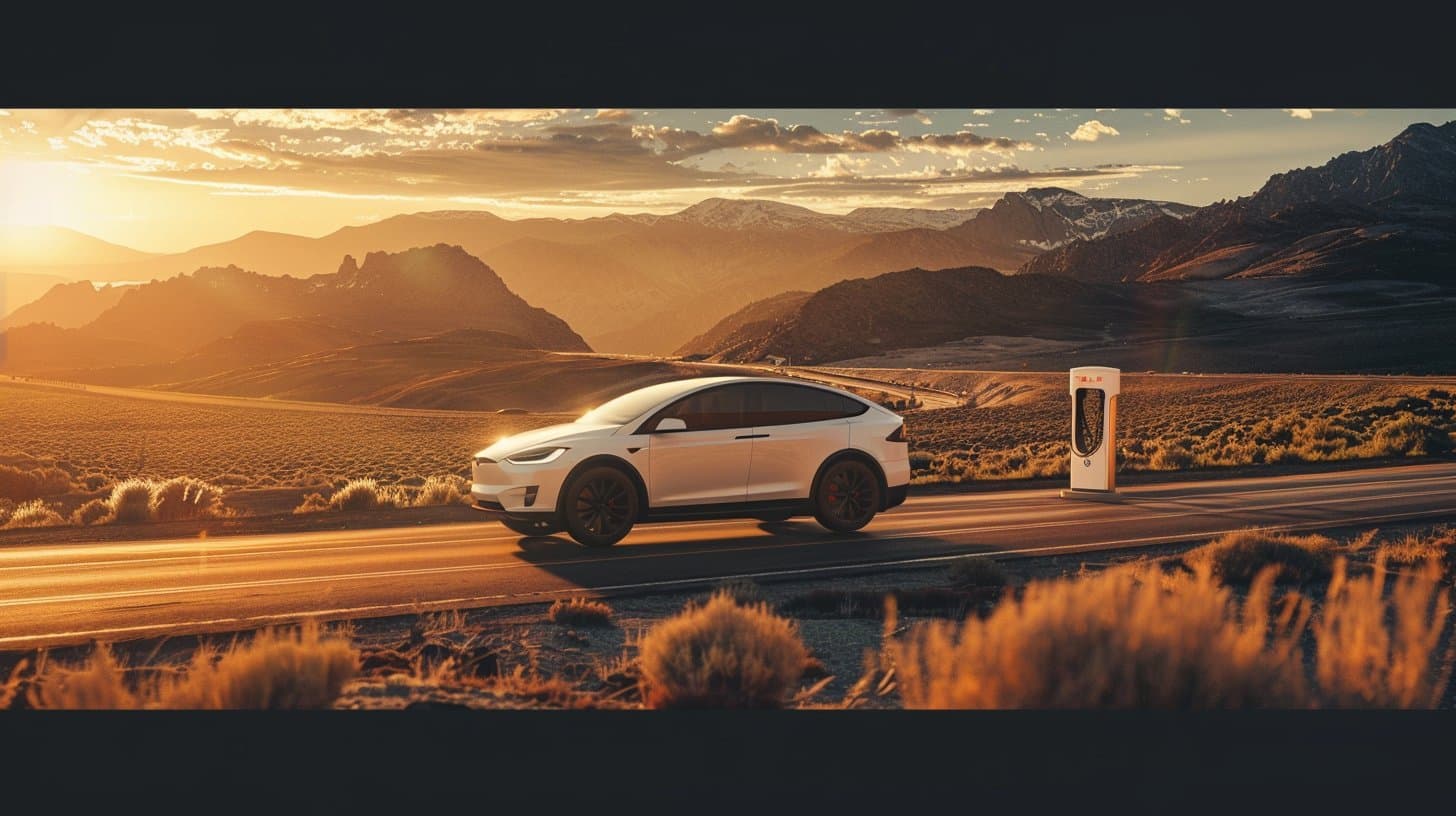 Best EVs for road trips 2026 — EV charging at sunset in mountains