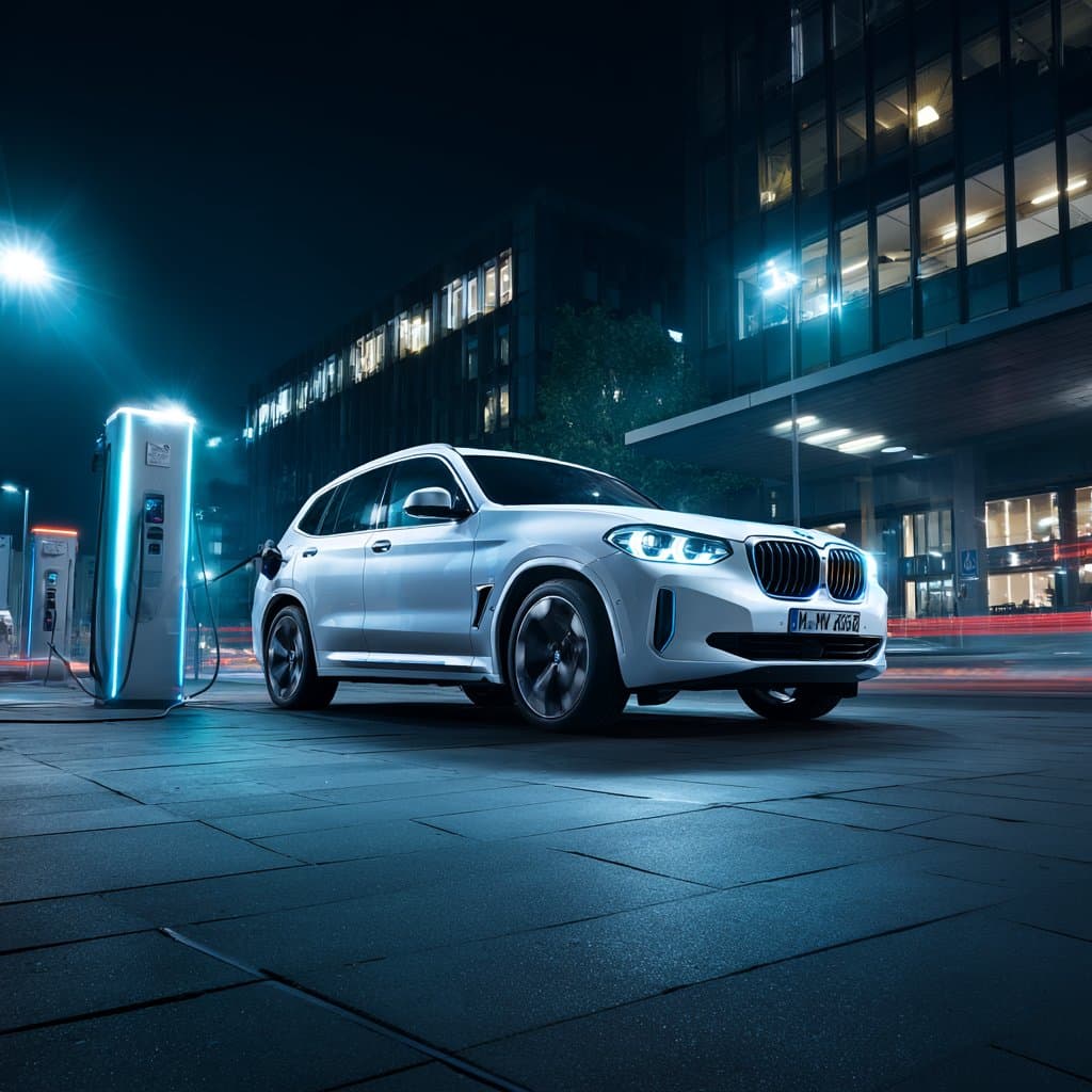 BMW iX3 charging at a DC fast charger at night