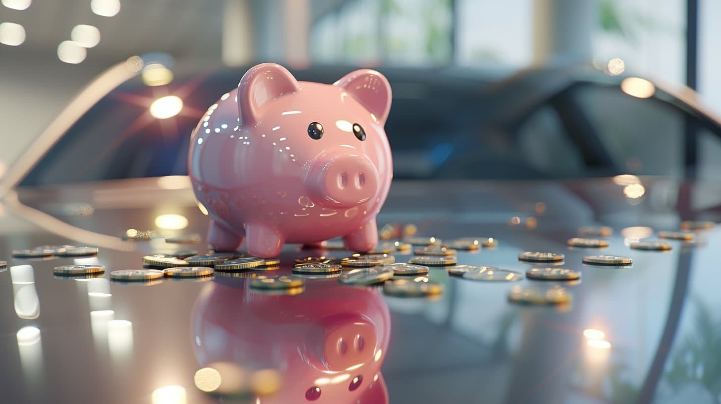 Pink piggy bank with coins on car hood