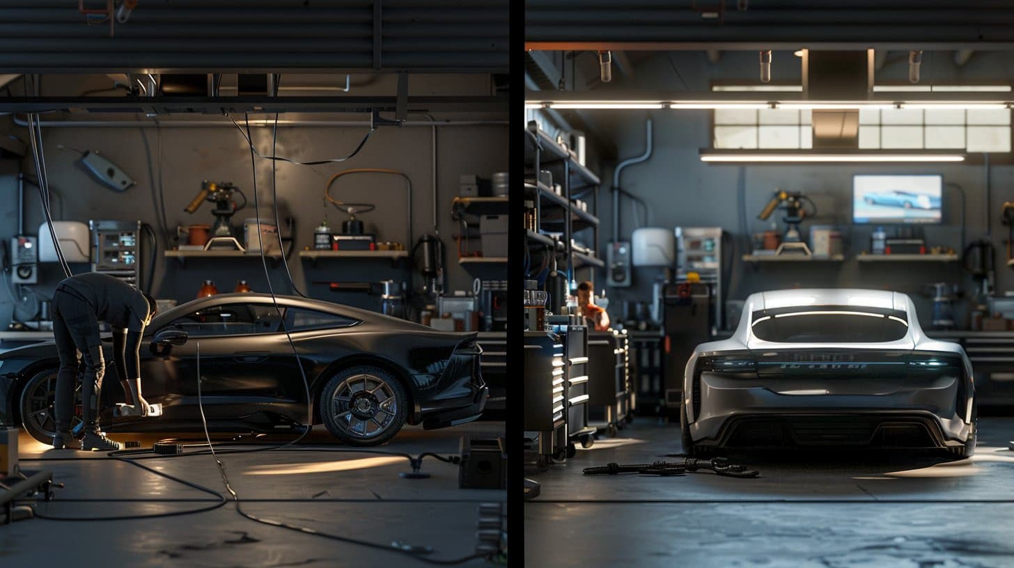 Split comparison of gas car garage versus clean EV garage