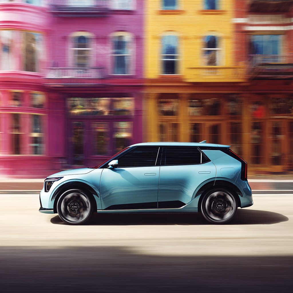 Kia EV3 driving through a colorful city street
