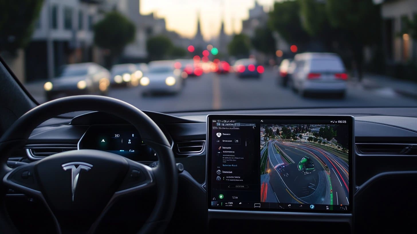 Tesla FSD dashboard display showing autonomous driving interface
