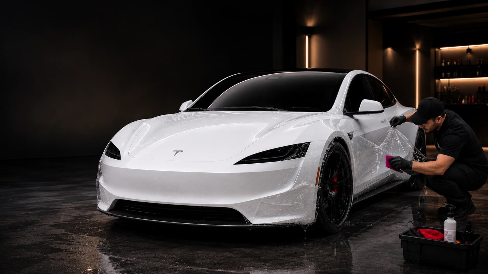 Technician applying paint protection film to a white Tesla at an Orlando EV detailing shop
